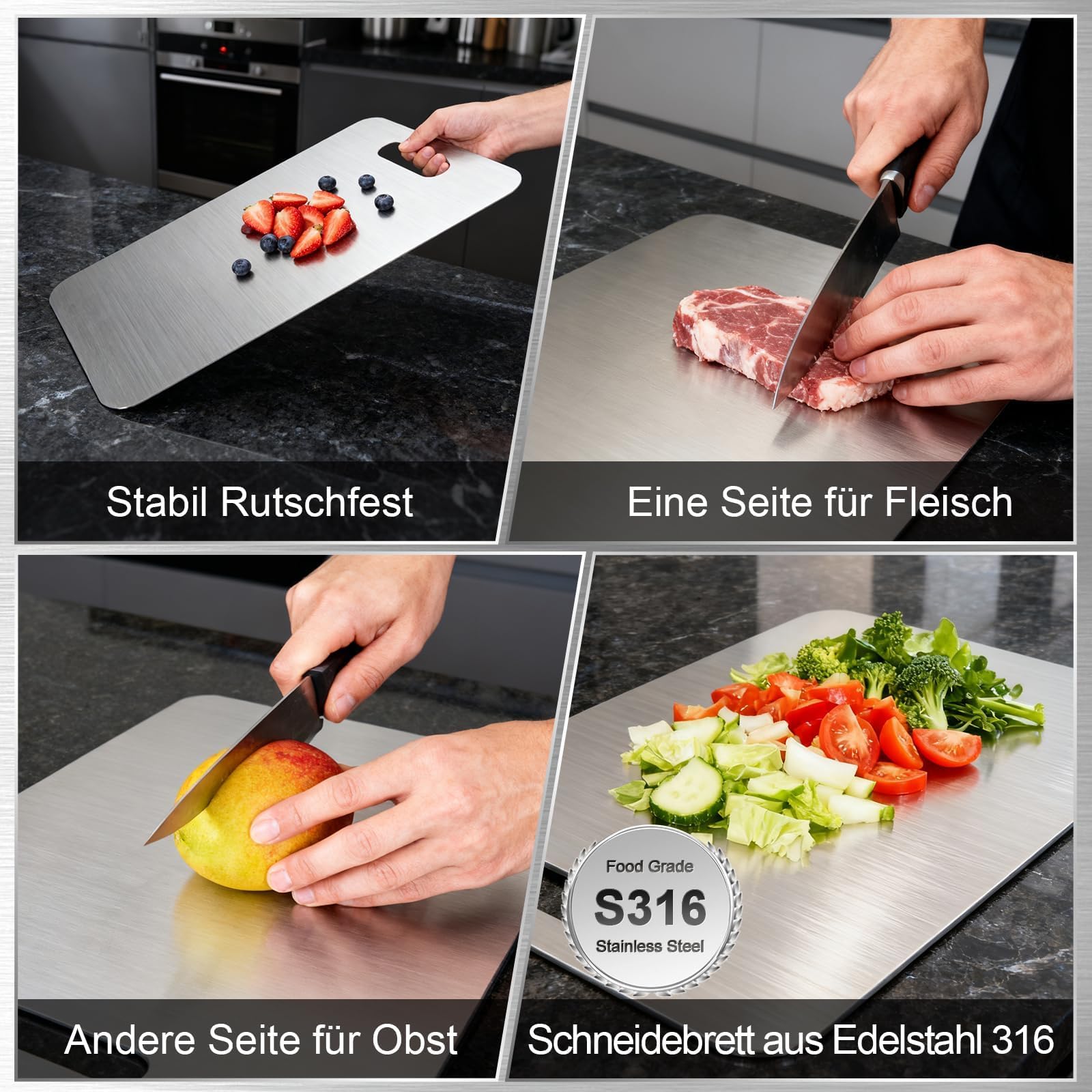 Juego de 3 tablas de cortar de titanio de acero inoxidable con esponja, sin BPA y antibacterianas, tabla de corte de titanio de doble cara para carne, verduras, pescado y pan