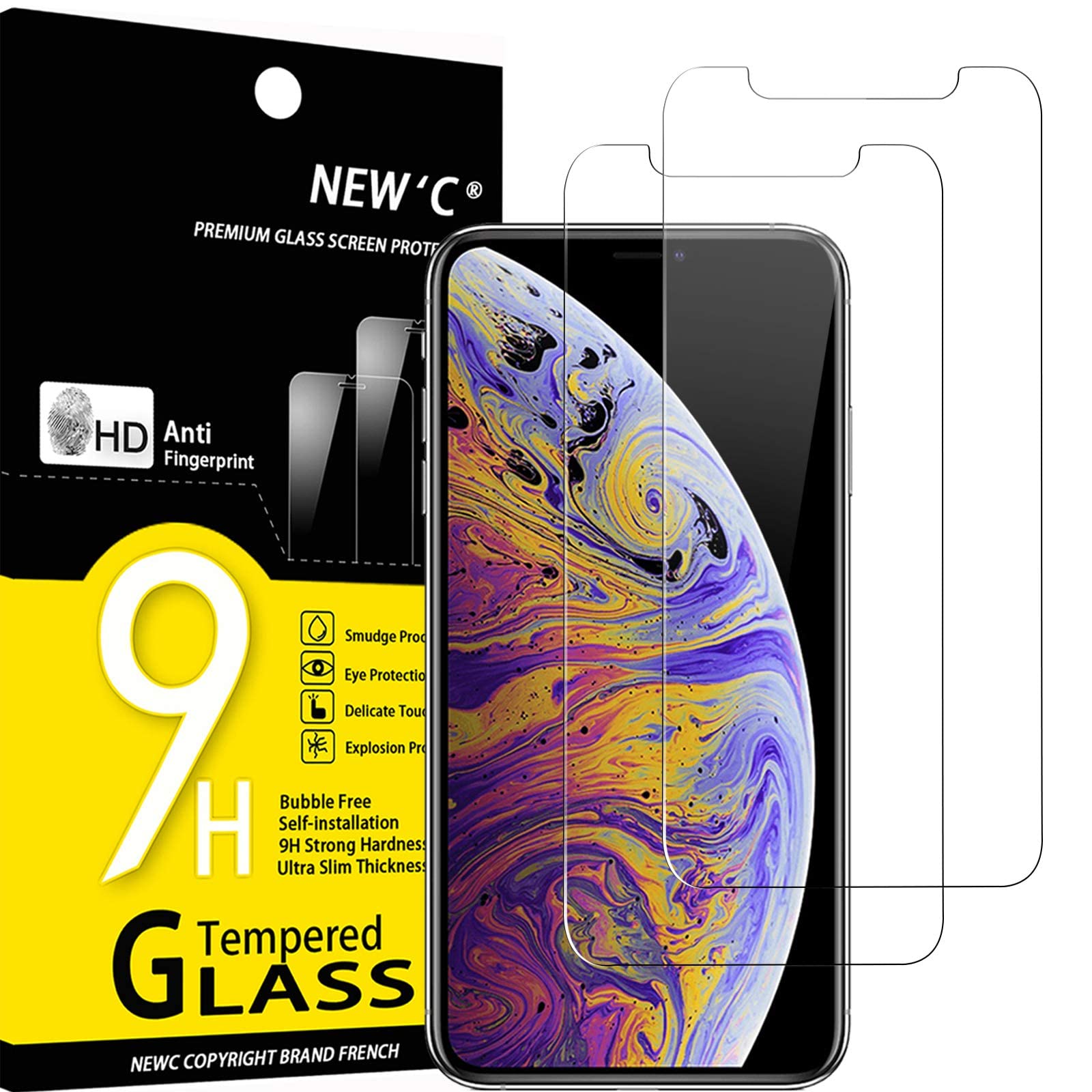 NEW'C 2 Piezas, Protector Pantalla para iPhone 11 Pro MAX y iPhone XS MAX (6,5 Pulgadas), Cristal templado Antiarañazos, Antihuellas, Dureza 9H, 0.33 mm Ultra Transparente, Ultra Resistente Global Recycled Standard Global Recycled Standard Global Recycled Standard