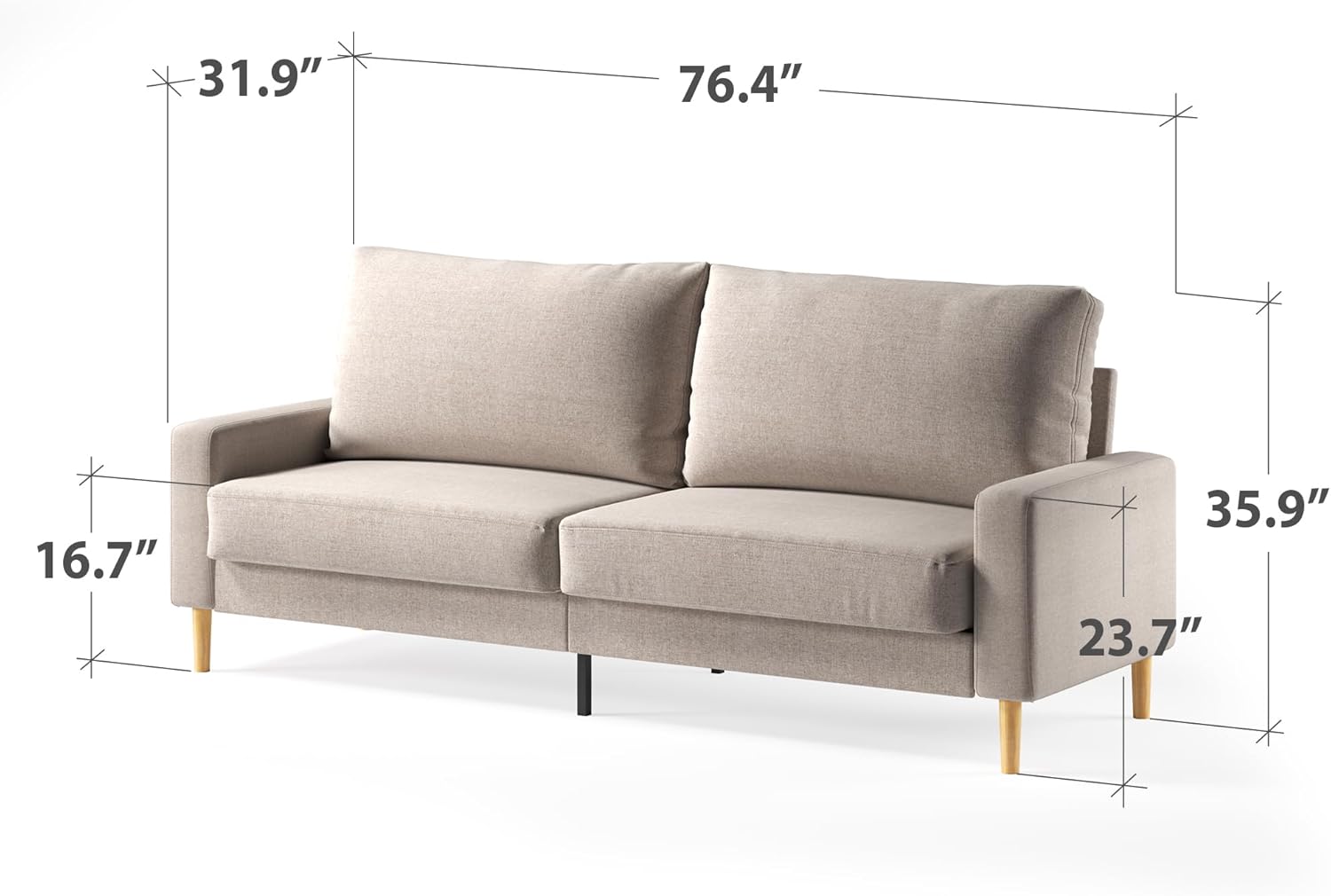 Diagram showing the dimensions of the Zinus Colton 76-inch sofa