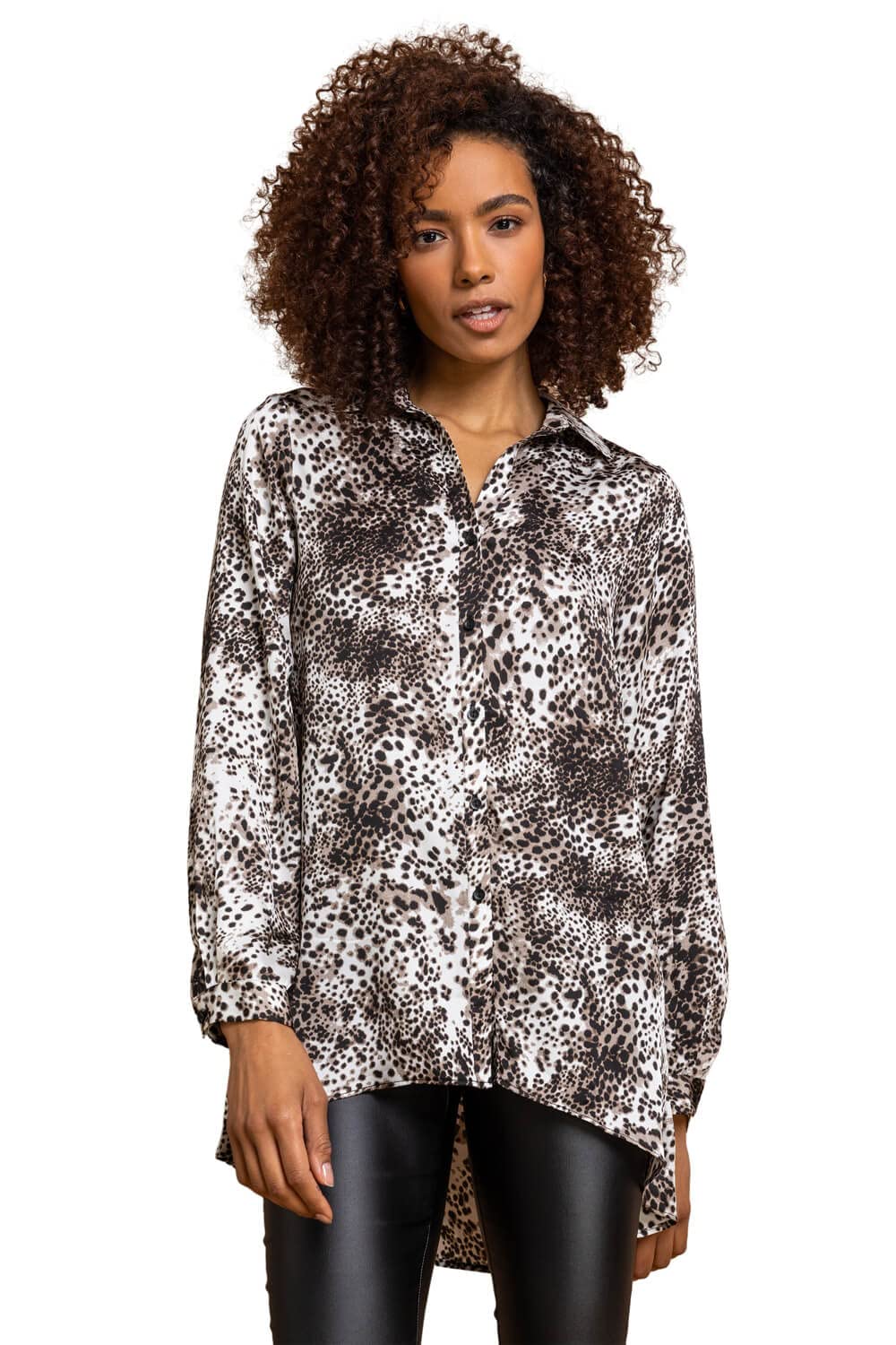 Roman Originals Shirt for Women Ladies Cotton Blouse Button Through Tunic Printed Top Work Long Sleeve Smart Casual Going Out Work Office V Neck Everyday Evening Event - Brown - Size 8