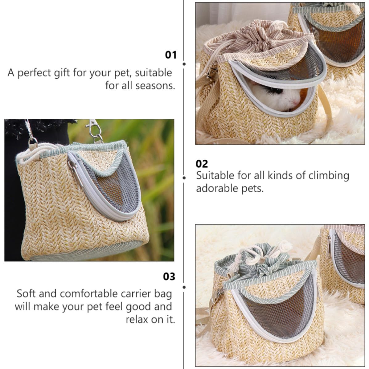 Garneck Paquet de Transport Portable Couleur Aléatoire avec Fermeture Éclair en Paille, Flanelle et Maille pour Petits Animaux pour Hamster et Cochon d'Inde en Voyage