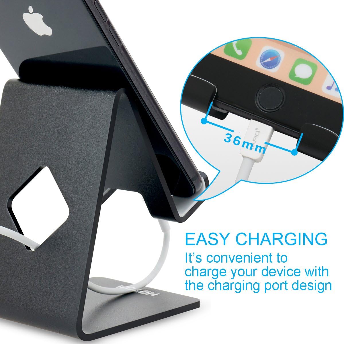 HOTOR Solid Aluminum Desk Desktop Stand for iPhone 6 6 plus 4 4s 5 5s 5c iPad 2/3 air mini/Samsung Galaxy S3/5 HTC ONE M7 Blackberry Tablet Tab Google Nexus Lumia and other Smartphone,Black