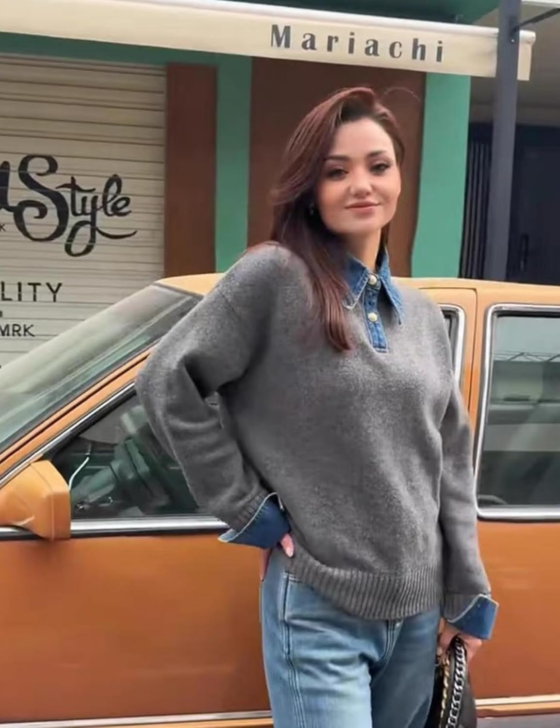 Womens Fall Oversized Long Sleeve Sweaters 2 in 1 Denim Panel Lapel Sweater Polo Knit Sweater Tops - Image 7