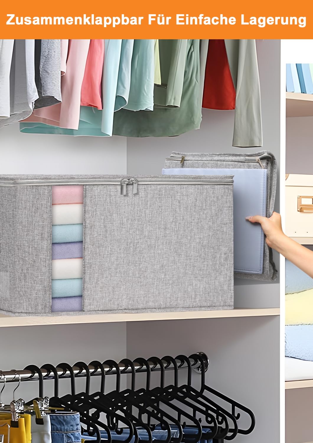 60L Aufbewahrungsboxen 2er-Pack für Bettdecken, Decken, Bettwäsche und Kleidung, faltbare formstabile Stoffboxen mit Doppelreißverschluss, Sichtfenster, starken Griffen, stapelbar, wasserdicht, Grau