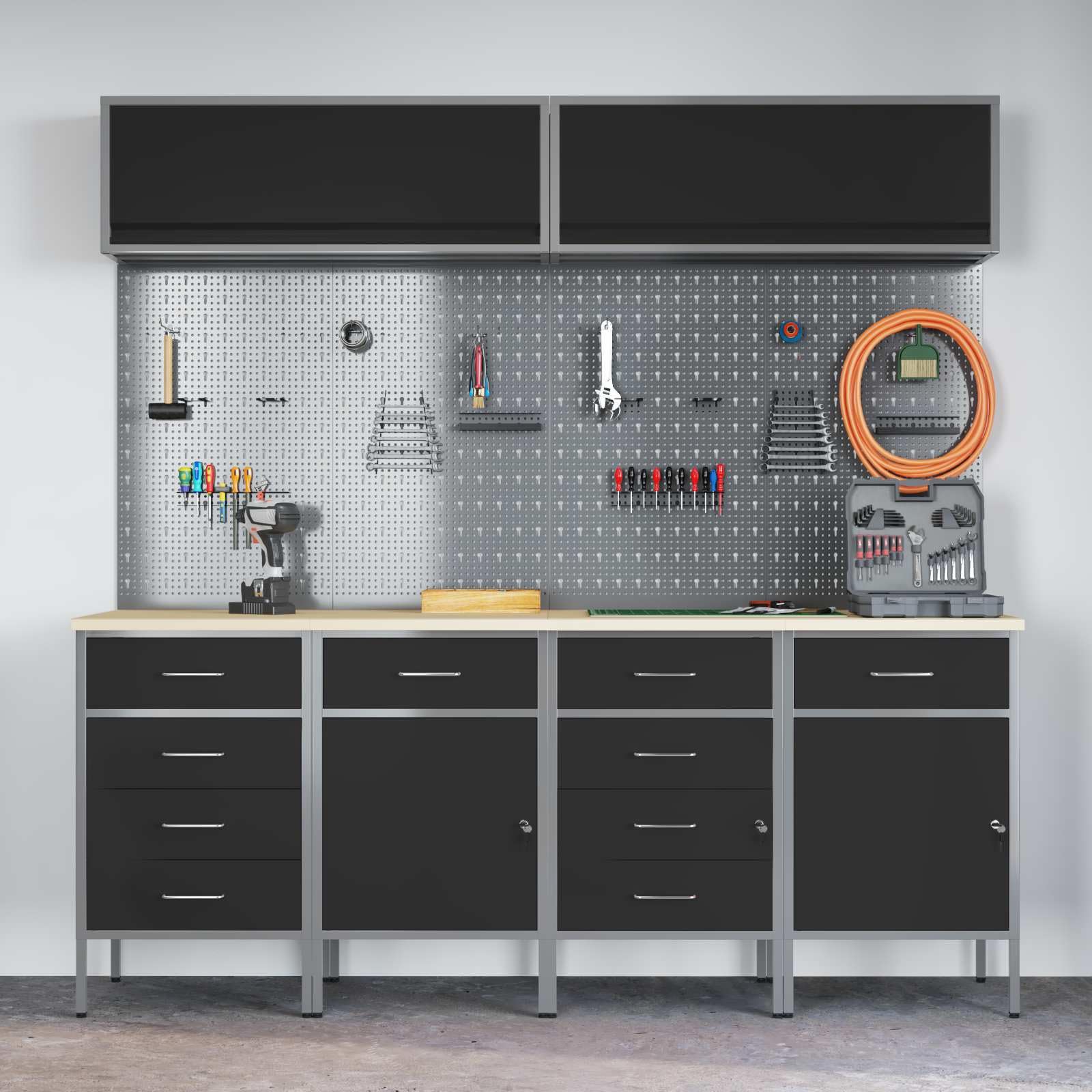Zestaw szafek roboczych z 10 szufladami ze stali malowanej proszkowo i materiału drewnopochodnego, kolor czarny, 200 x 55 x 200 cm, łącznie z wózkiem warsztatowym i ścianką perforowaną
