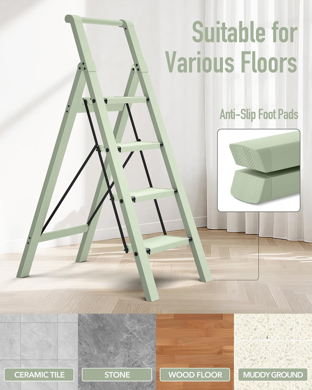 Mayi Plus 4 Step Ladder, Lightweight Folding Step Stool with ConvenientHandgrip, Aluminum 330lbs Capacity Step Ladder forOffice,Household,Kitchen,Library(Green)
