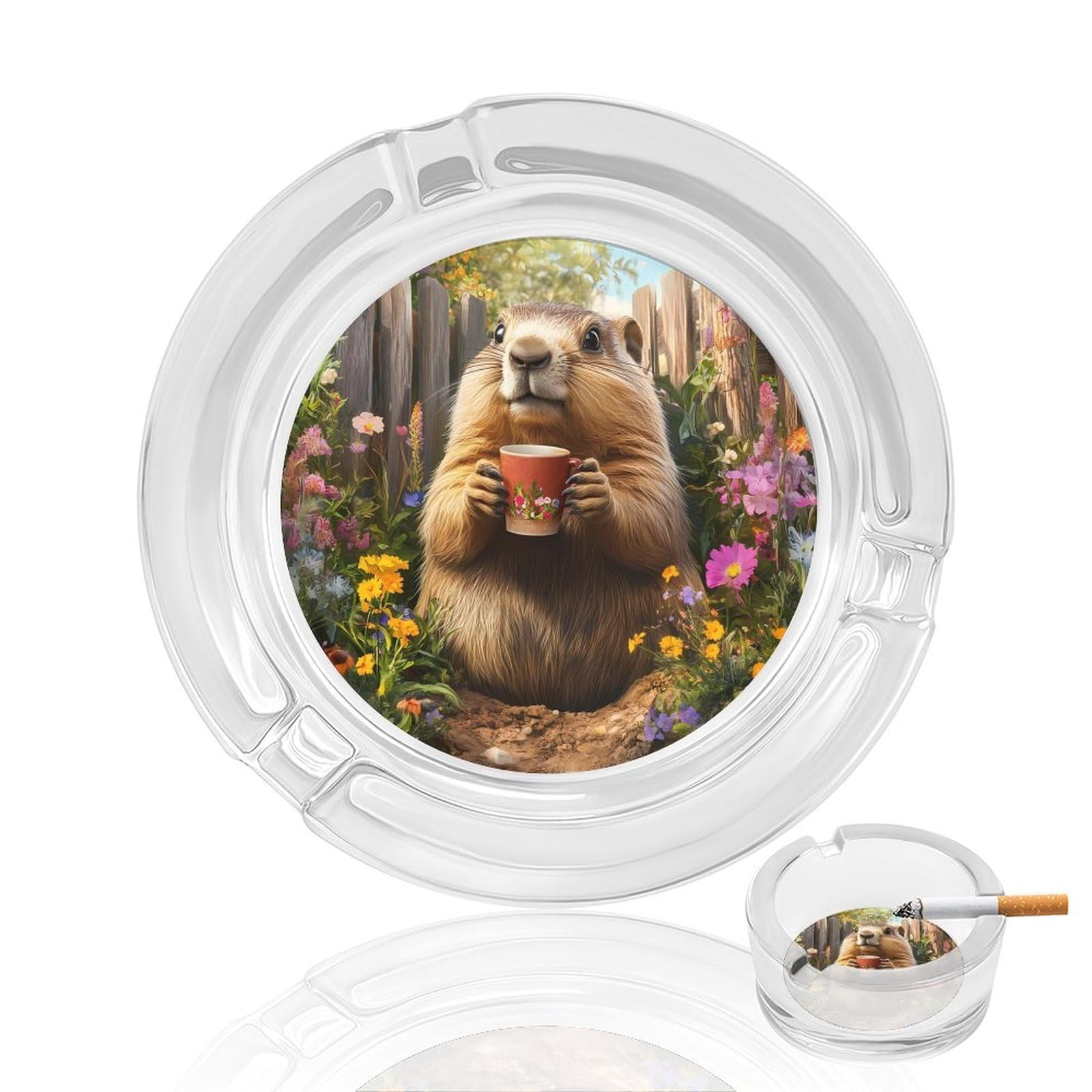 Funny Garden Groundhog Ashtray Portable Round Glass Outdoor Ash Tray for Home Office Garden Pub