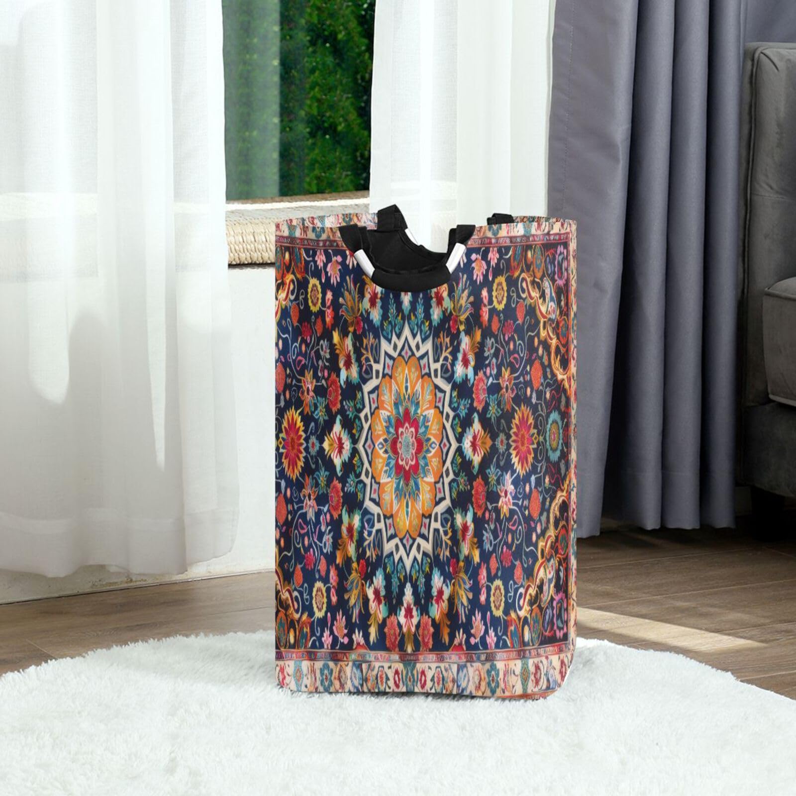 Jihqo Laundry Hamper Basket Mexican Floral Talavera Print Collapsible Nursery Storage Bin Waterproof Clothing Baskets for Home Bedroom Bathroom Washing Room