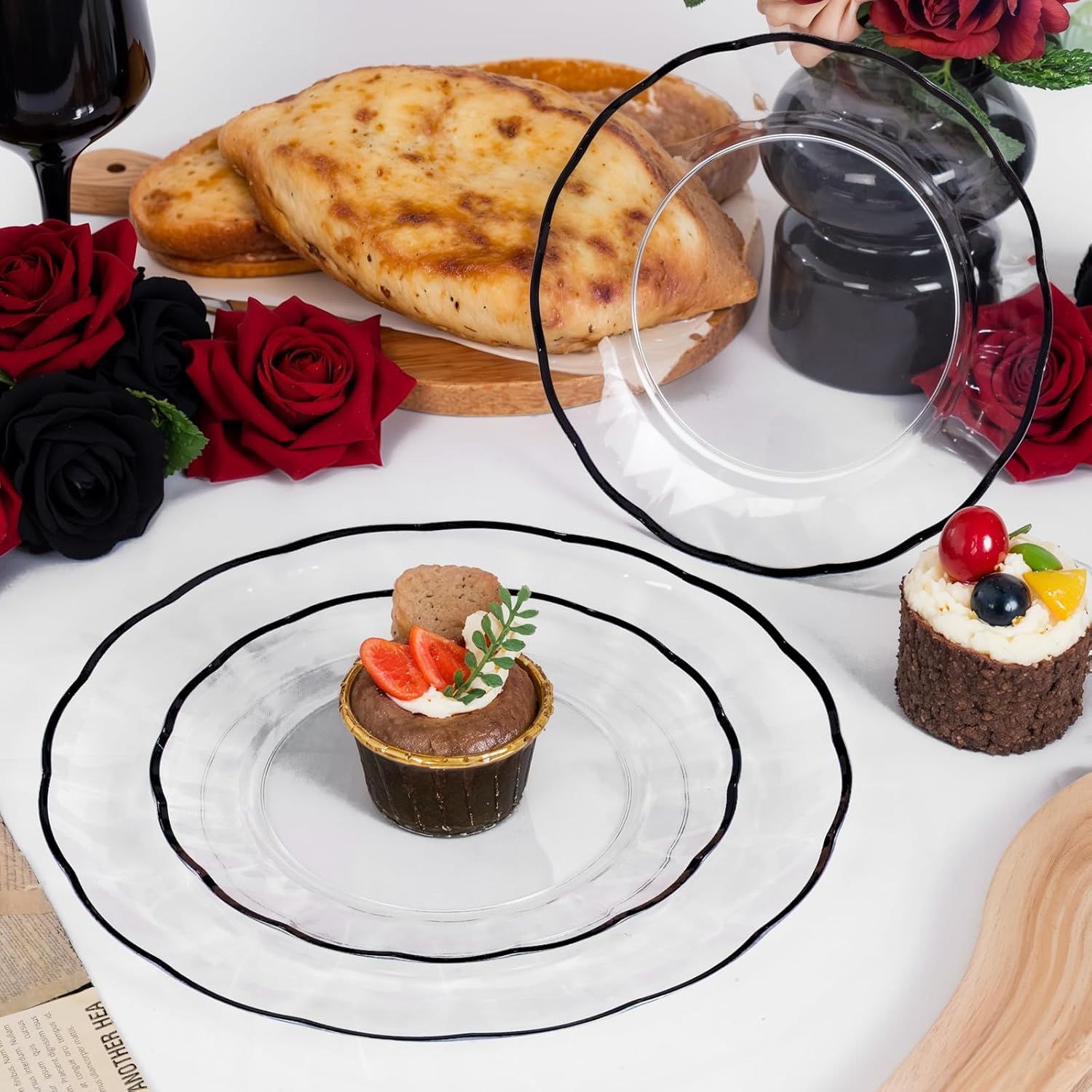 supernal 60pcs Clear and Black Plastic Plates New Fancy Scalloped Plates Disposable Heavy Duty Disposable Dinnerware Include 30 Dessert Plate & Dinner Plate for Valentine's Day Easter and Party