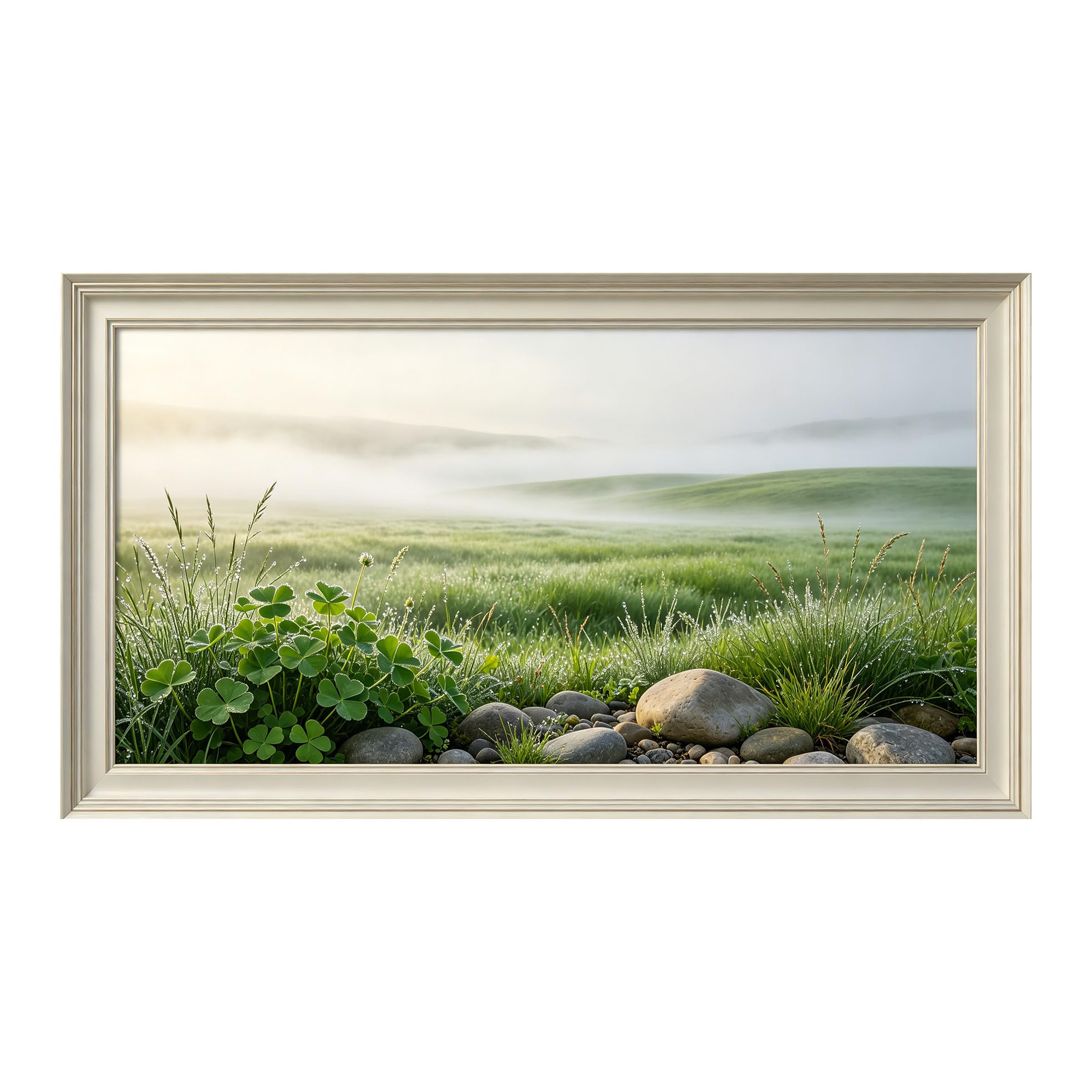 Yzpallescene 3D Framed Wall Art 50cm×100cm Misty Meadow Morning Dew Landscape Panoramic Nature Prints Artwork for Living Room Bedroom Office