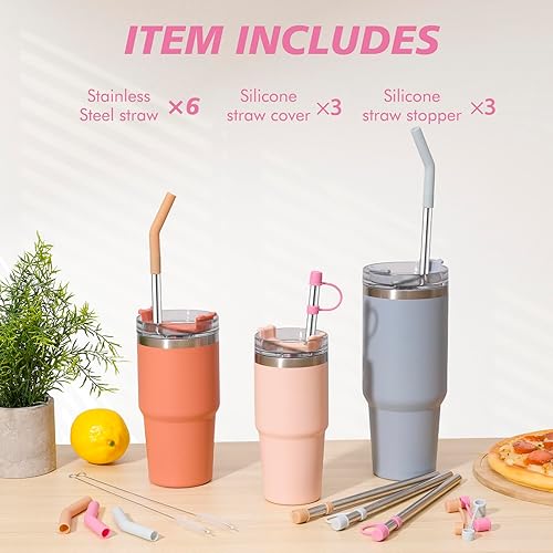 Miniatura 7 de Pajitas de acero inoxidable con tapas para vaso Stanley de 40 onzas, popote de metal reutilizable de 12 pulgadas con puntas de silicona y tapas