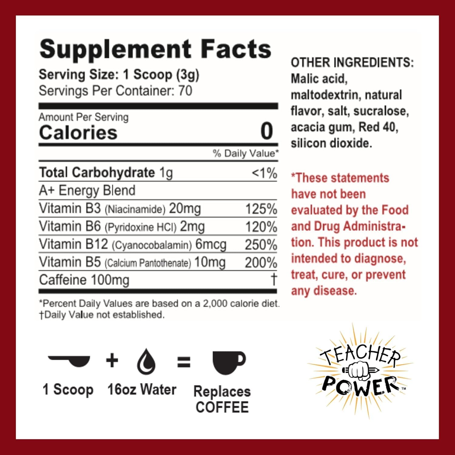 Teacher Power (The Original) Sugar Free Energy Drink 70/servings per Jar 100mg Caffeine with B Vitamins (Black Cherry)