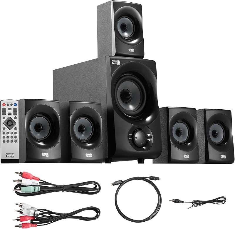 Acoustic Audio AA5172 Sistema de parlantes Bluetooth 5.1 de cine en casa de 700 W con sintonizador FM, USB, tarjeta SD, control remoto, subwoofer alimentado (6 parlantes, 5.1 canales, negro con gris)