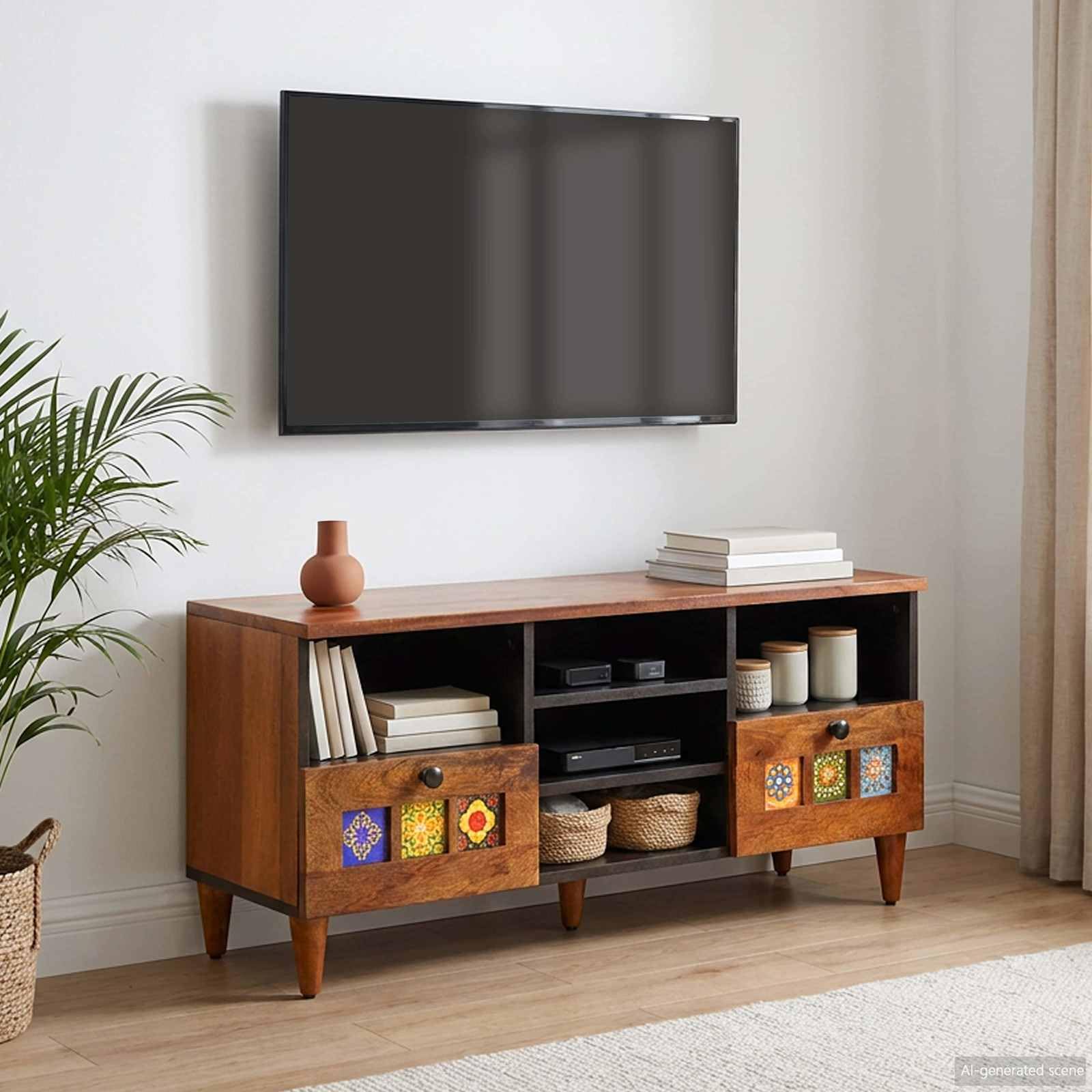 Szafka pod telewizor, orzech włoski, lite drewno mango z regałem 100 x 33 x 46 cm, 2 szuflady, regał Hifi do salonu, kina domowego, przechowywanie i porządek