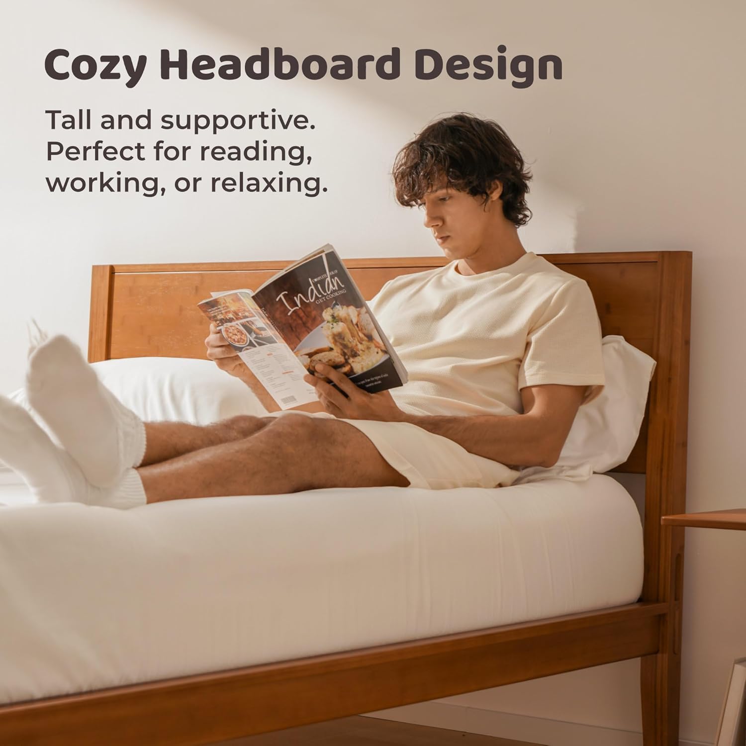 RECCI King Japanese Joinery Platform Bed Frame, Mid-Century with Tall Headboard, Noise-Free Solid Bamboo Wood Sustainable, Sturdy Slat Support with Heavy Duty, Tool-Free Assembly, 10-Inch Storage - Image 4