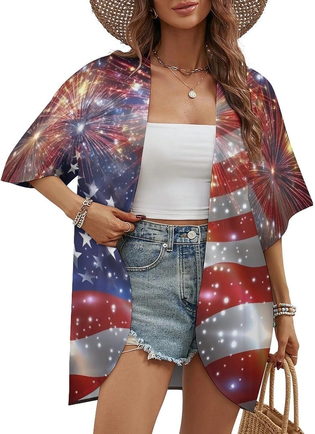 USA Flag Celebration Fireworks Women's Open Front Cardigan Short Sleeves Jacket Lightweight Sweaters Tops