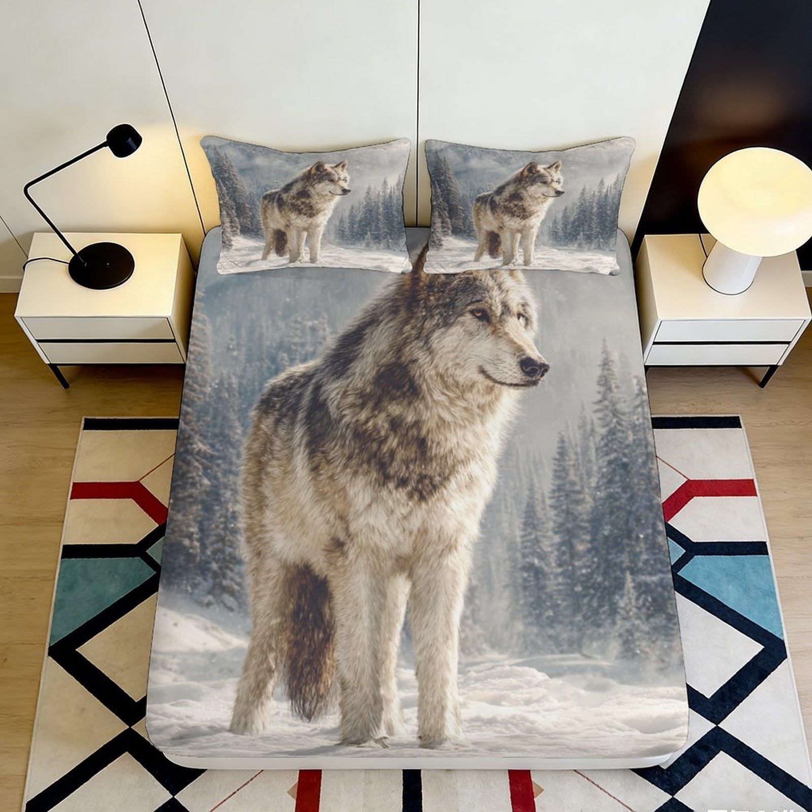 3D Printed Wolf Forest Fitted Sheet Microfiber Non-Slip Deep Pocket Bedroom Bedding Wolf Mattress Fitted Cover Washable for Adults Teens 140x200x25cm