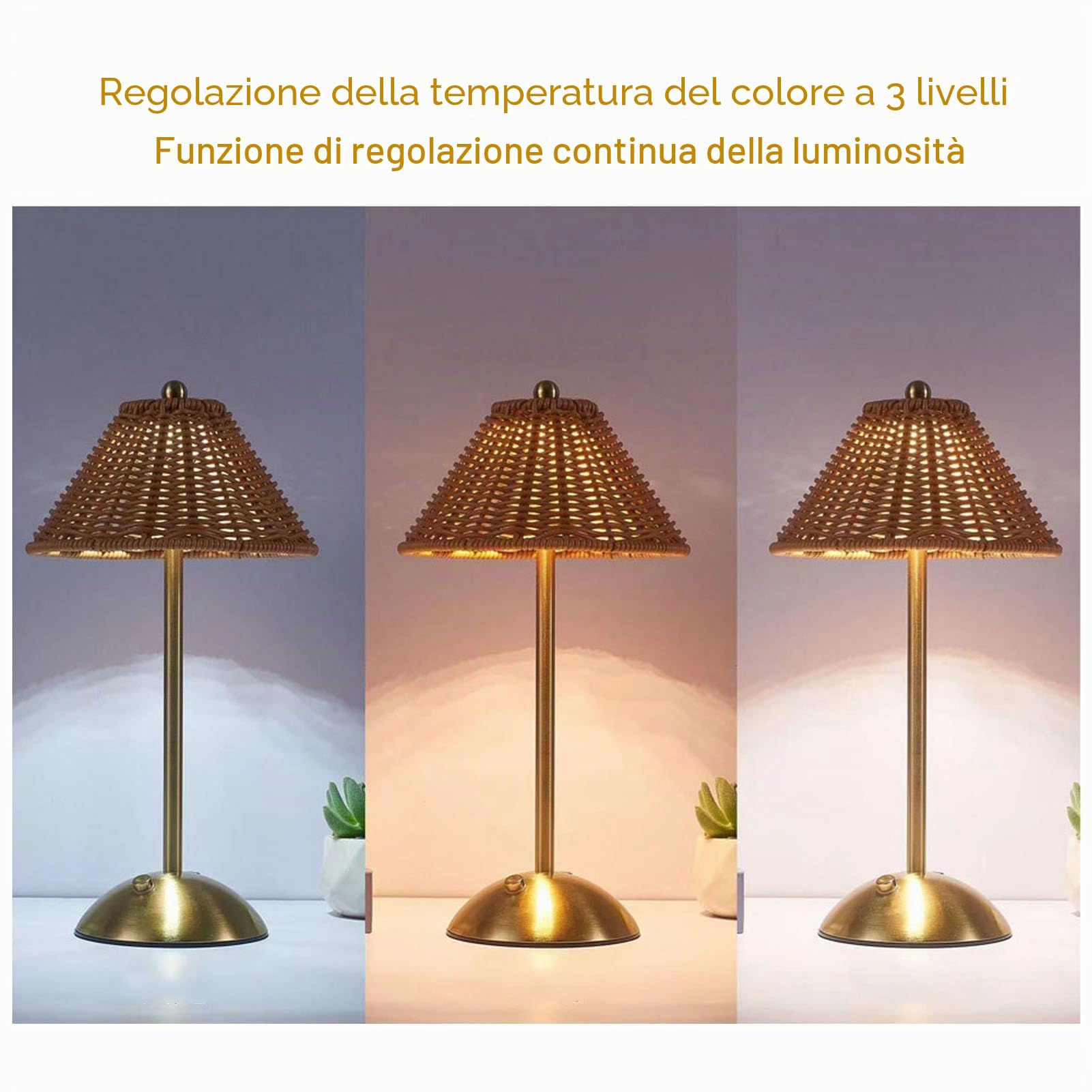 Lampada da Tavolo Rattan Boho Ricaricabile LED Dimmerabile 3 Temperature, Luce Notturna Portatile Cordless con Batteria 1800mAh, Illuminazione Decorativa per Camera da Letto Soggio