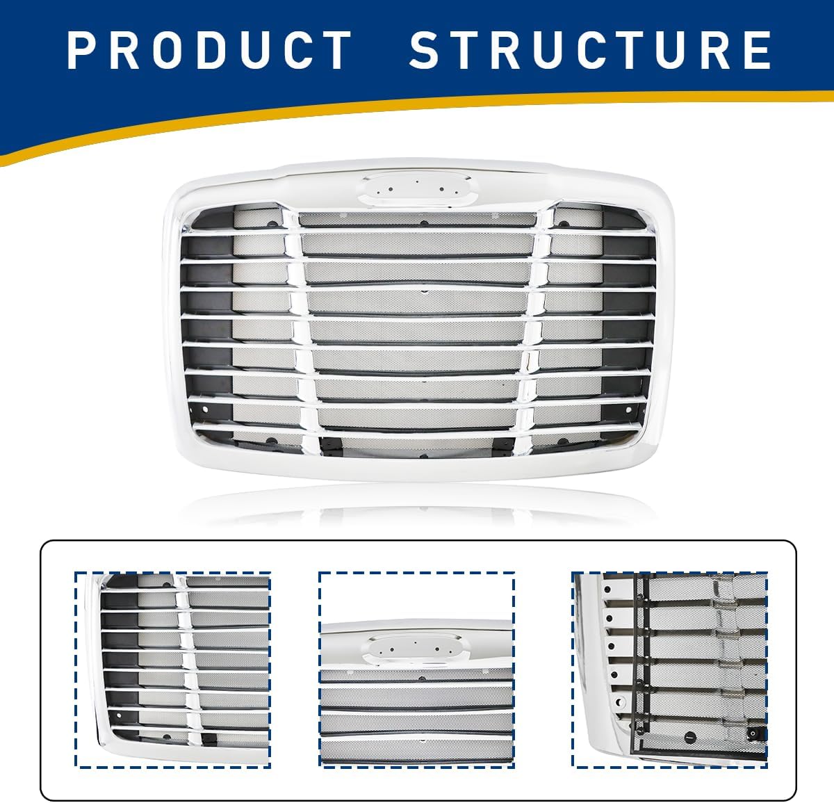 Front Hood Radiator Grille With Bug Screen Compatible With 2008-2017 Freightliner CASCADIA Bug Screen Front Grill ABS Plastic ((Chrome (Silver)) with Bug Screen)