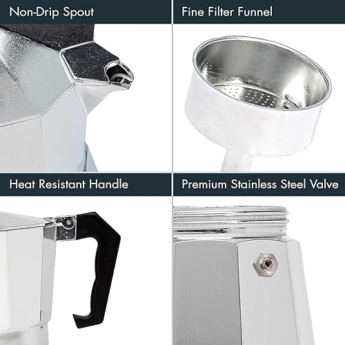 Miniatura 3 de SwindowL Moka Pot - Cafetera y cafetera para estufa, cafetera italiana, cafetera Greca, cafeteras, color plateado (2 tazas)