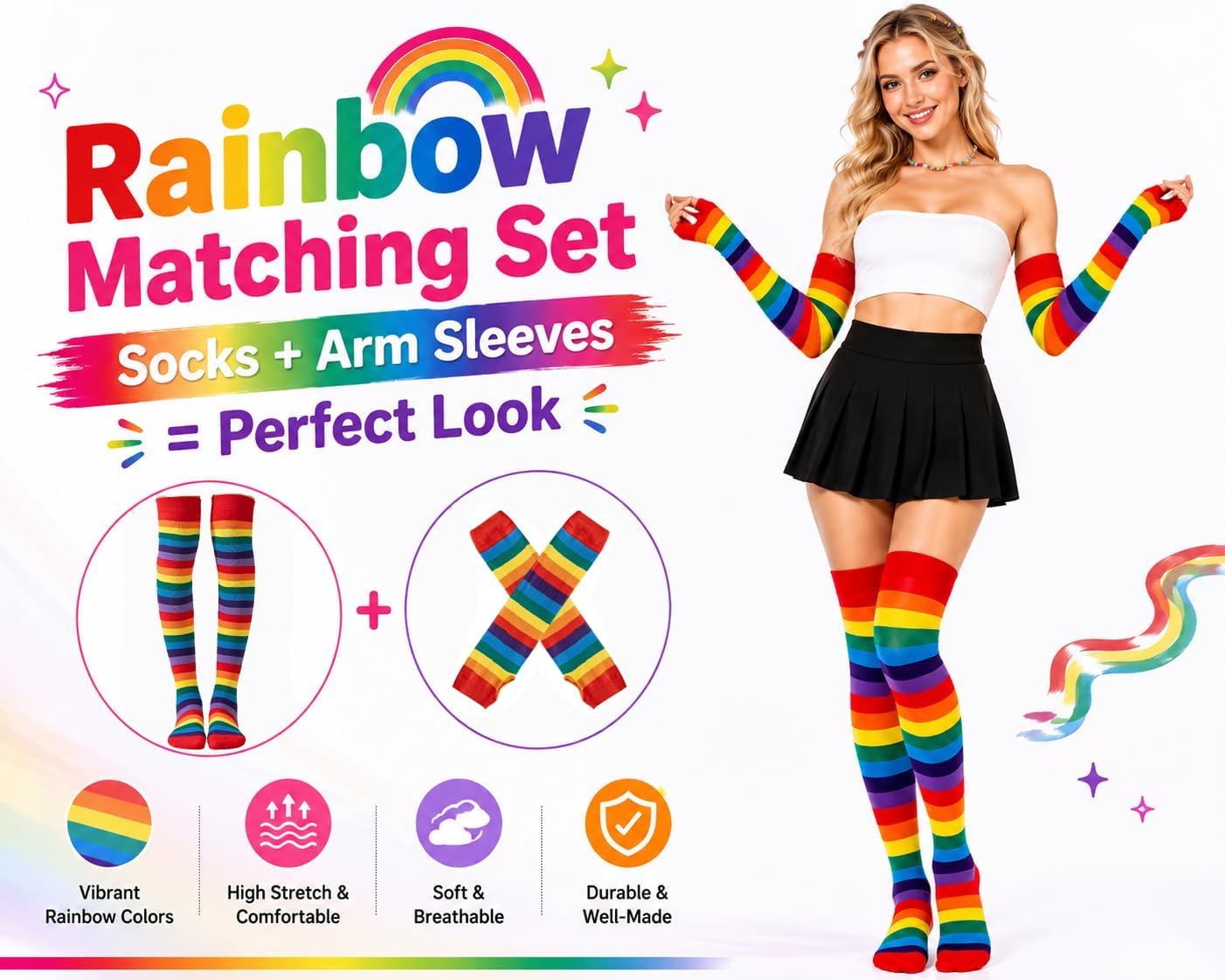 Mealah Colorful Rainbow Striped Socks Gloves Set Women Girls Striped Arm Leg Warmers Set Costume Accessories for Cosplay