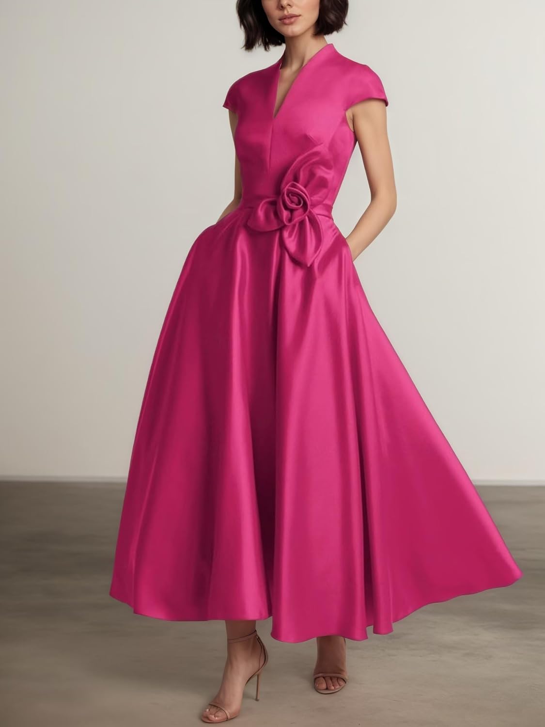 Satin Mother of The Bride Dresses for Women Cap Sleeve A Line Elegant Grandmother of The Bride Dress with 3D Flower