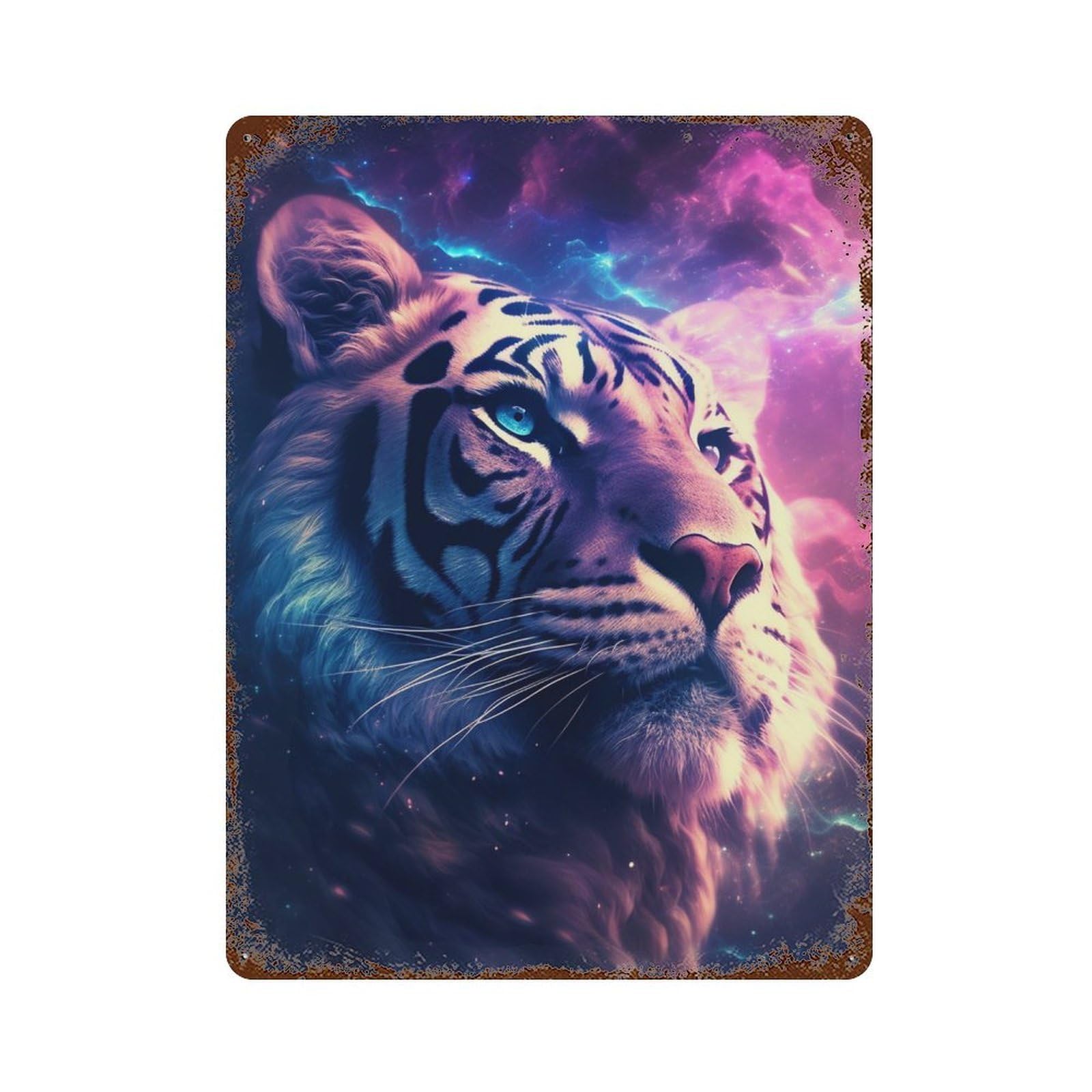 Cosmic Tiger Portrait-2 15.7"x11.8" Distressed Metal Wall Sign, Shabby Chic Decor for Shed, Workshop And Garage Wall Decor