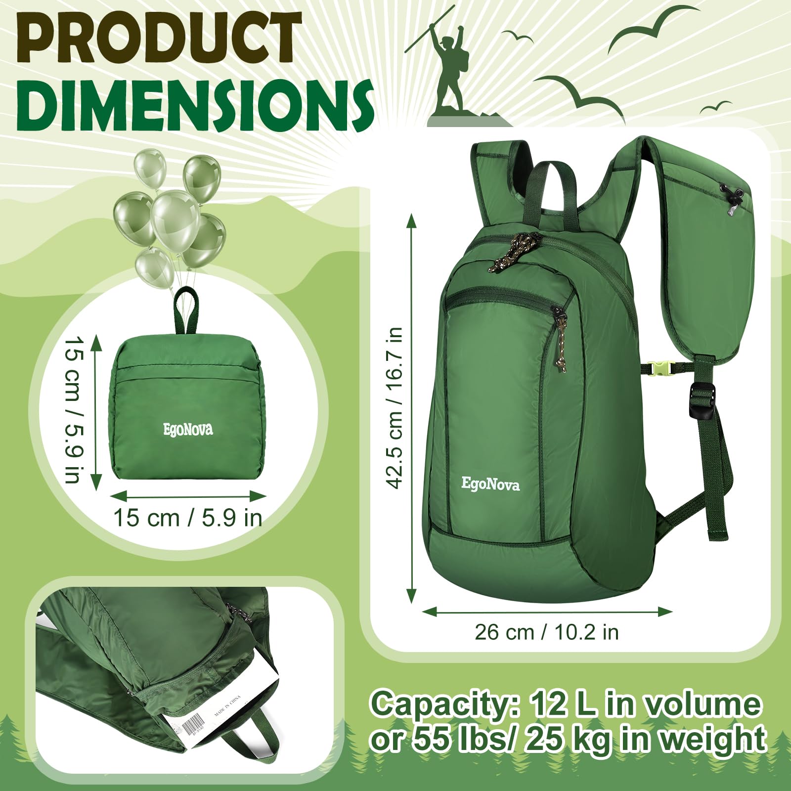 Mochila de senderismo, mochila plegable de 12 litros, ligera y resistente al agua para senderismo, campamento y actividades al aire libre (verde oscuro) 4