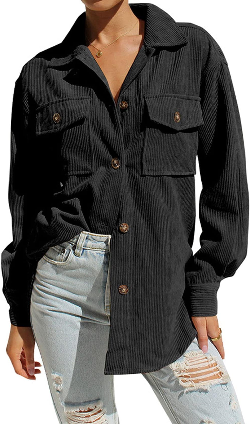 CXINS Womens Corduroy Button Down Shirts Jackets Boyfriend Long Sleeve Collared Oversized Shirts Shacket Jacket Tops