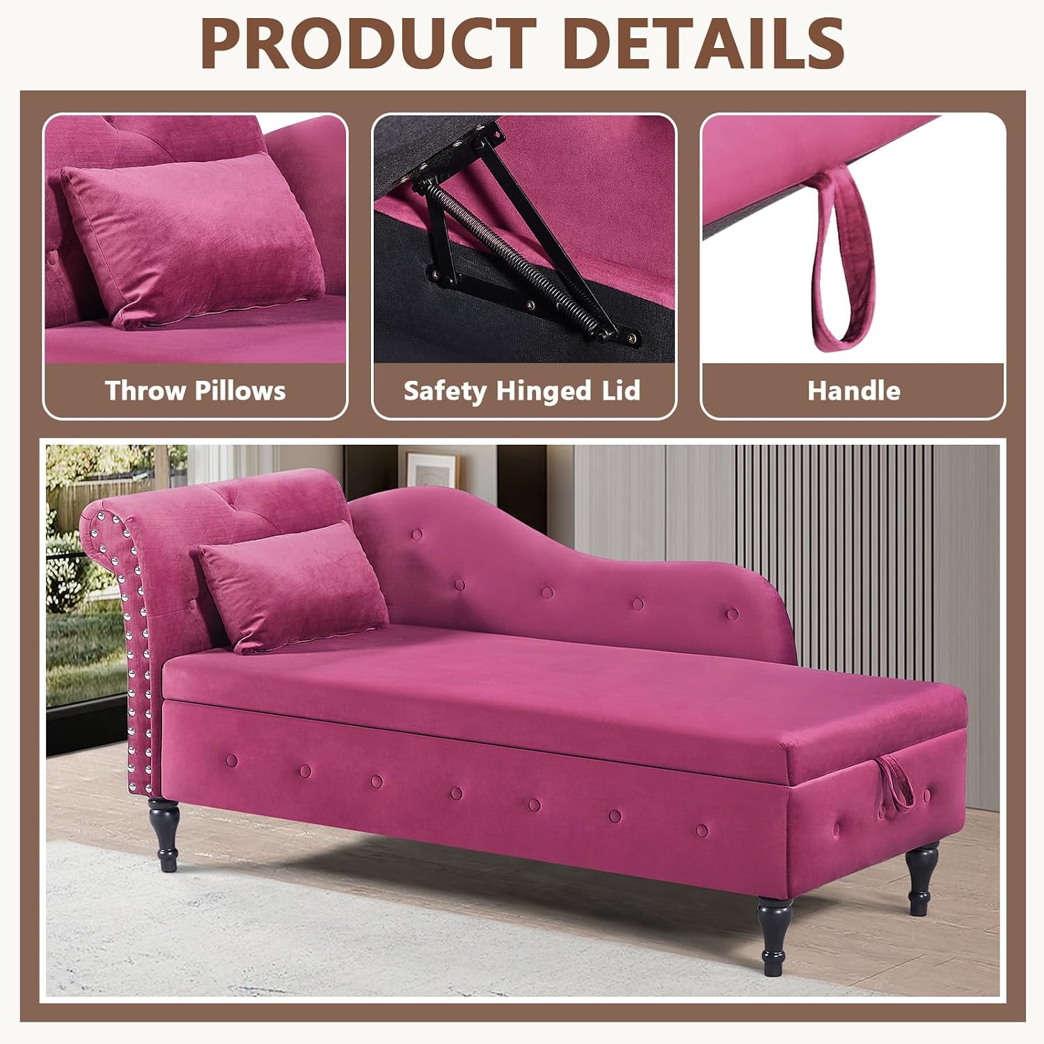 Anwick Chaise Lounge Indoor Tufted Fabric, Modern Upholstered Recliner Lounge Chair for Living Room Bedroom, Sleeper Lounge Sofa (Burgundy)
