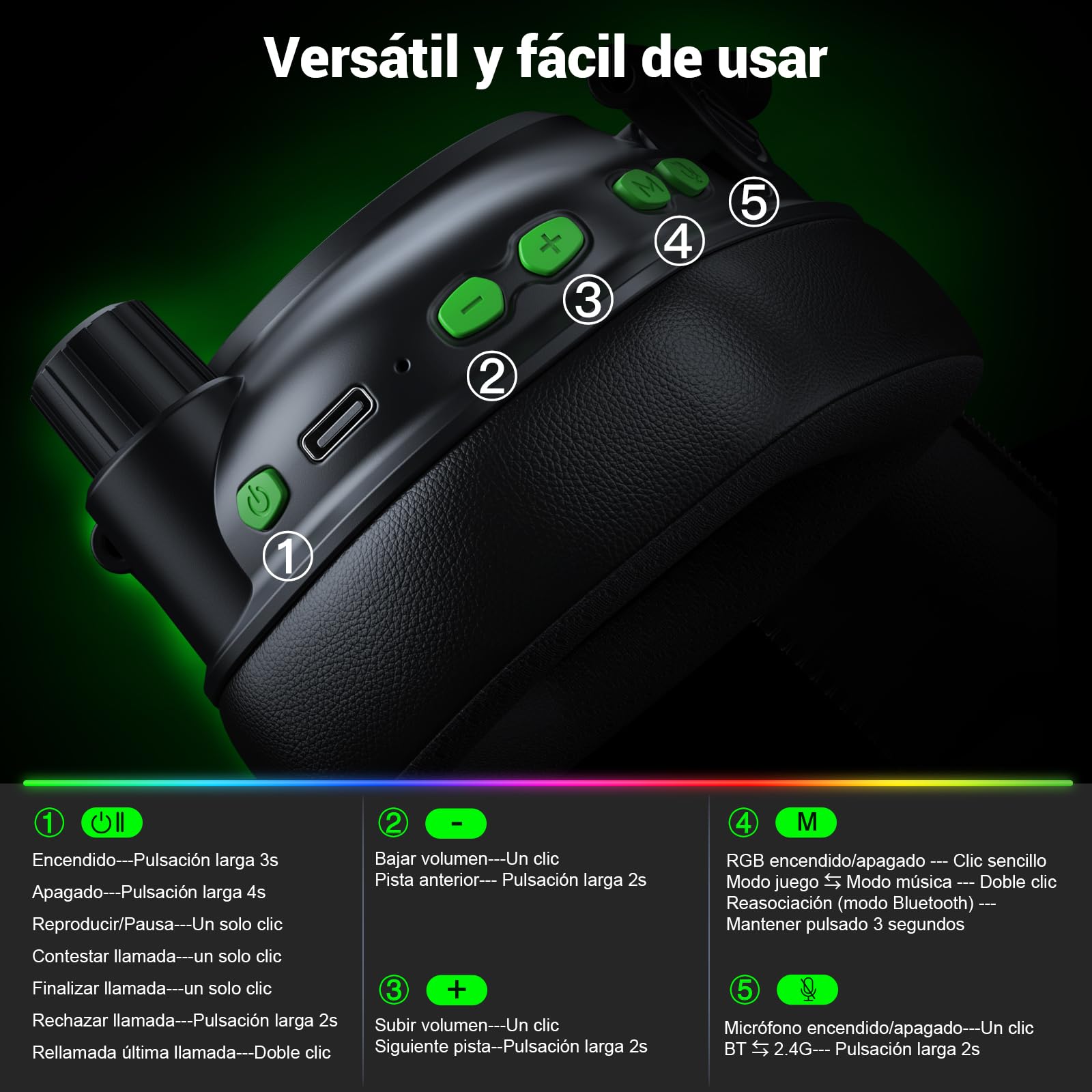 Krysenix KGH2 - Auriculares inalámbricos para videojuegos PS5, PS4, PC, Mac, Switch, 2,4 GHz, con micrófono, cancelación de ruido, auriculares inalámbricos con luces LED, duración de batería de 40 H
