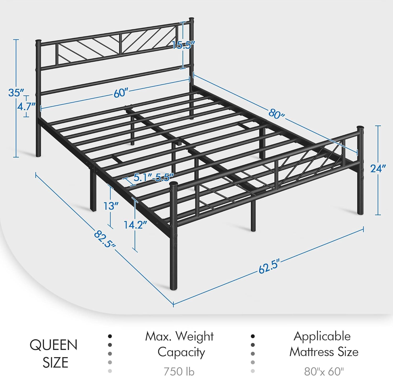 Diagram showing the dimensions of the Yaheetech Queen Size Platform Bed Frame, including length, width, height, and under-bed clearance.
