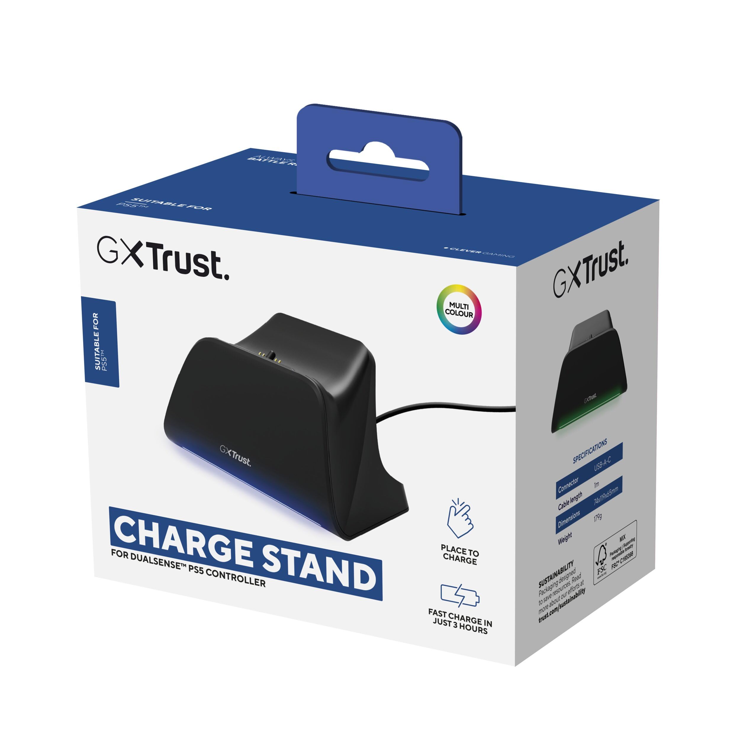 Trust GXT 255 Caricatore Joystick PS5, Base Ricarica DualSense PS5 con Design Place-on, Ricarica Veloce, Illuminazione LED, Cuscinetti Antiscivolo, Cavo USB-C-C Incluso, Accessori PlayStation 5, Nero
