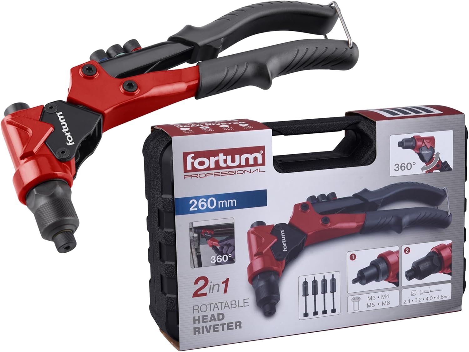 Combination Hand Riveter for Blind Rivets and Threaded Rivets, 360° Swivel Head, Rivet Nut Pliers for M3-M6 Rivet Nuts and 2.4-4.8 mm Pop Rivets, Rivet Pliers with Pull Pins