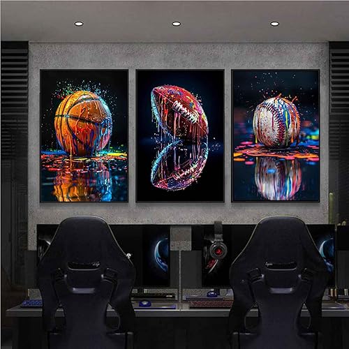 Miniatura 3 de 3 piezas de arte de pared de lienzo deportivo de graffiti para habitación de niños, rústico, fútbol, béisbol, rugby, decoración de pared, cuadro de