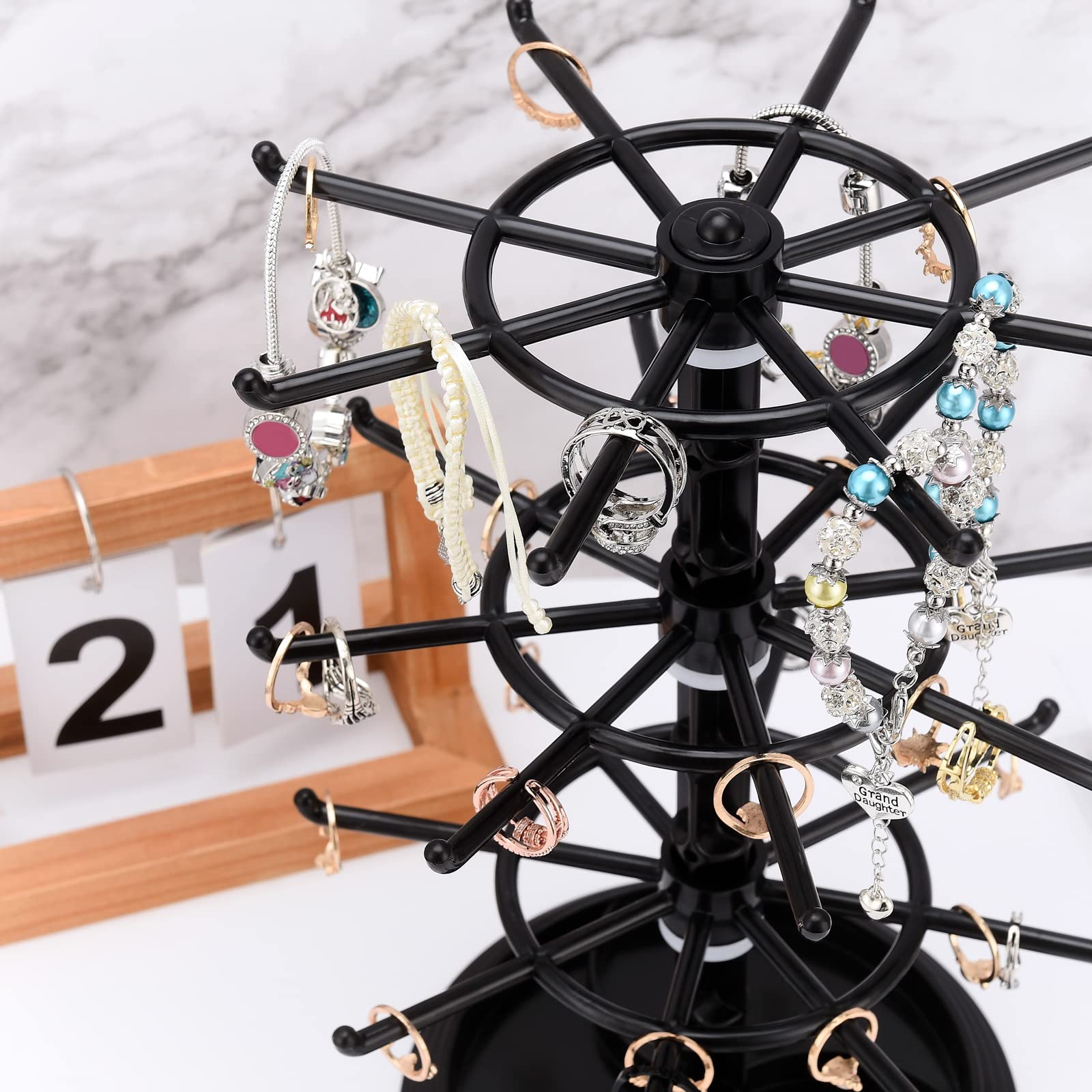 Supporto Per Gioielli Girevole 3 In 1 In Metallo E Legno - Porta Orecchini Da 220 Paia, Collane E Bracciali Regolabile - Nero