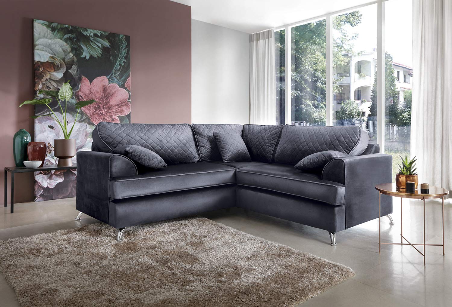 Abakus Direct Ferguson Corner Sofa in Dark Grey Water Repellent Easy Clean Velvet Fabric