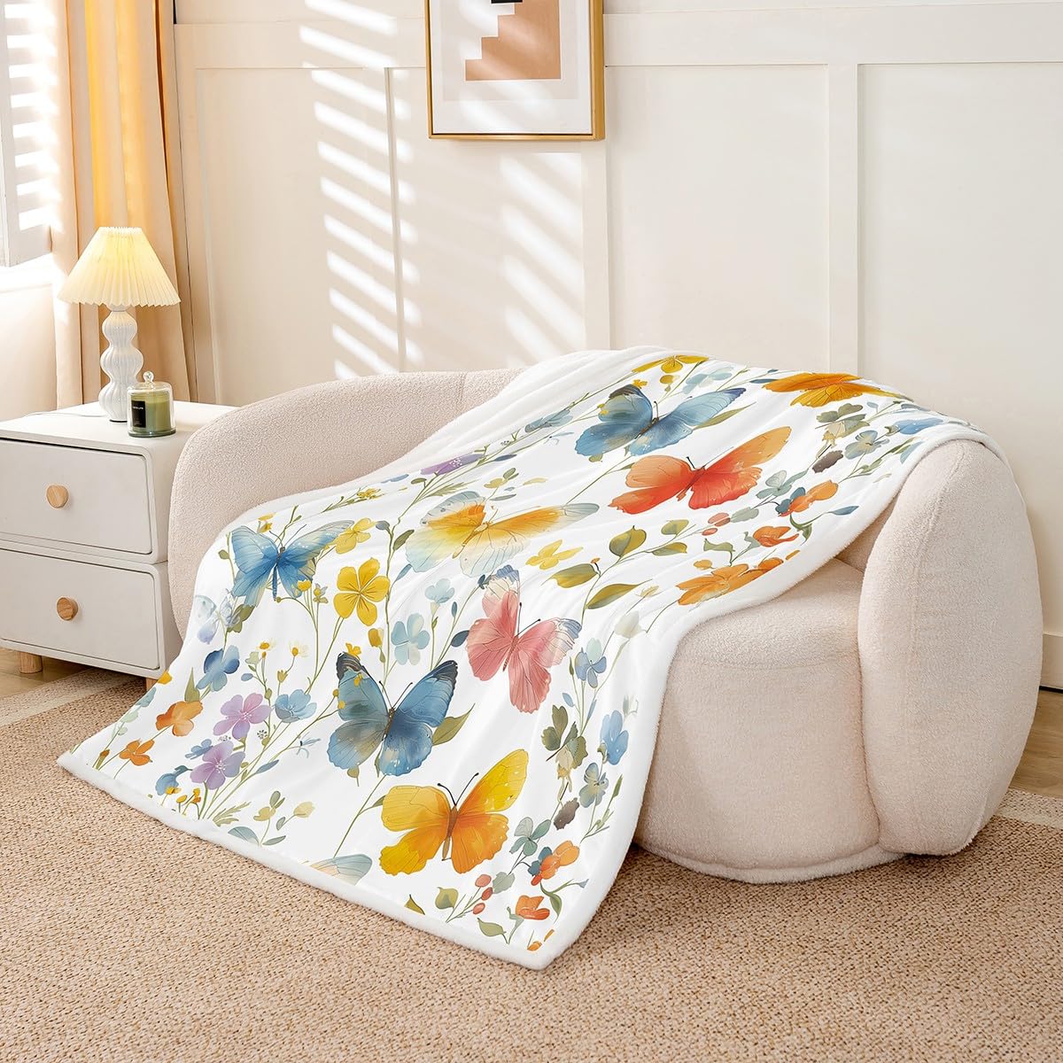 Homewish Bunte Blumen Kinder Decke 150x200cm Botanische Blätter Dekorativ Kuscheldecke Schmetterling Fleecedecke für Jugendliche,Vintage Wildblumen Bett Sofa Couch Dekorative Decken