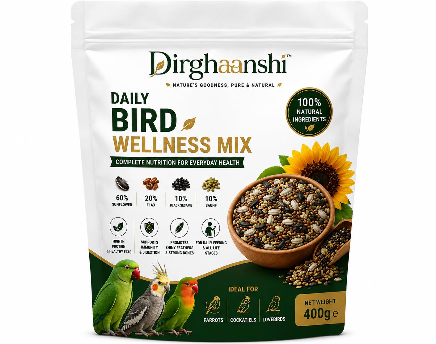 Daily Bird Wellness Mix 400g | Bird Seed Mix for Parrots, Cockatiels & Lovebirds | Sunflower, Flax, Black Sesame & Saunf | High Protein Bird Food | 100% Natural, Complete Daily Nutrition-image-3