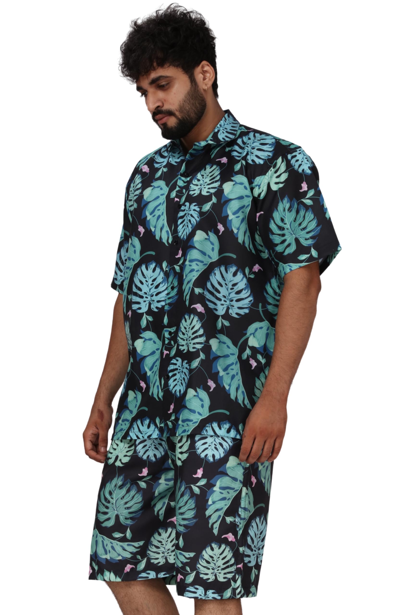 Men's Cotton Blend Printed Co-ord Sets with Shirt & Shorts Collar Neck Standard Length and Button Down Closure Type | Night Suit for Men Black-image-47