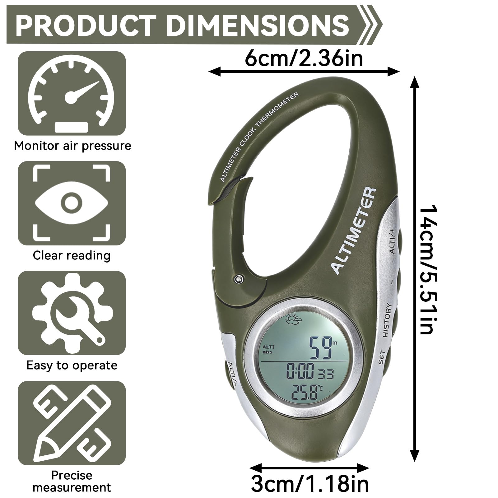HERCHR Digital Höhenmesser tragbarer digitaler Kompass -Wanderwanderungs -Thermometer Hintergrundhöhe Altimeter Barometer Multi -Funktion zum Wandercamping im Freien im Freien