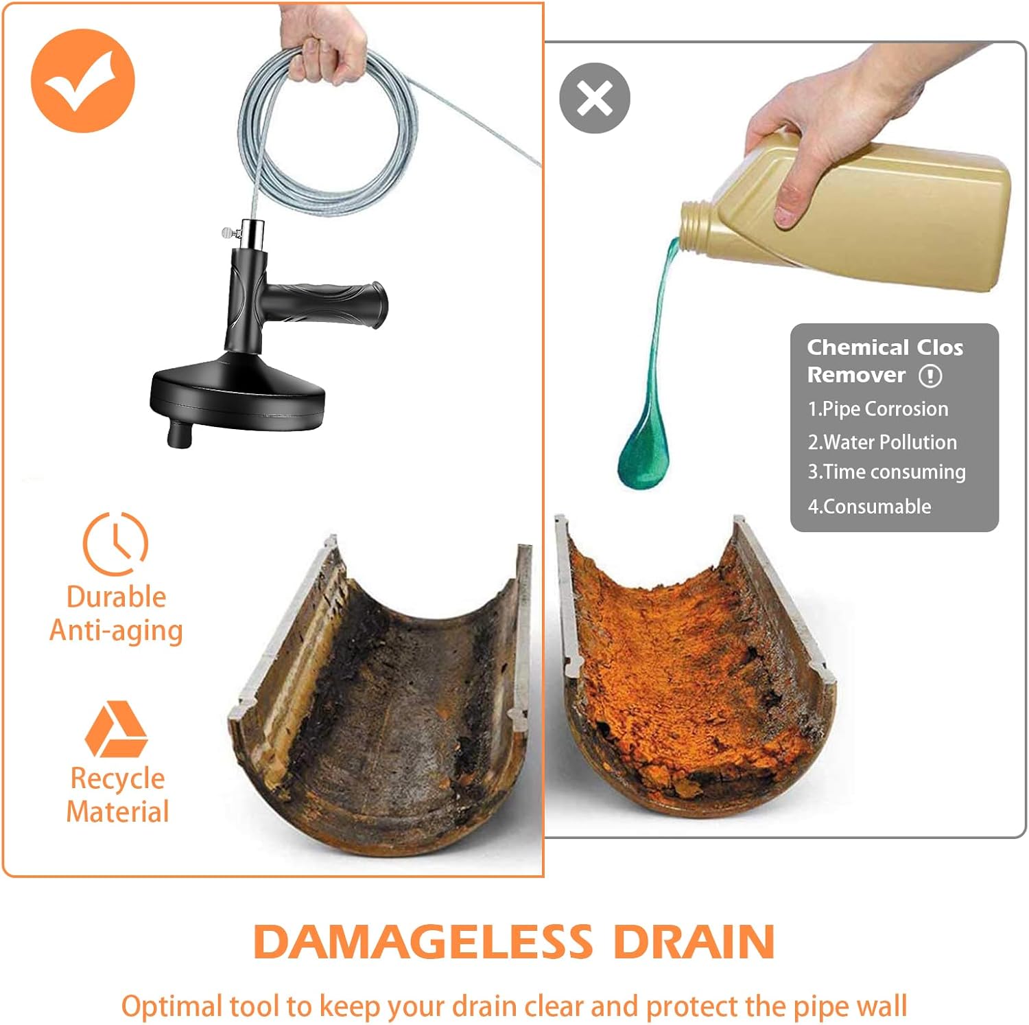 Drain Auger 33 Feet, Plumbing Snake Hair Clog Removal Tool, 6 in 1 Heavy Duty Toilet Auger, Clog Remover Tool for Bathroom Kitchen Tub Shower Drain Clog Remover with Gloves and Plastic Hair Snake
