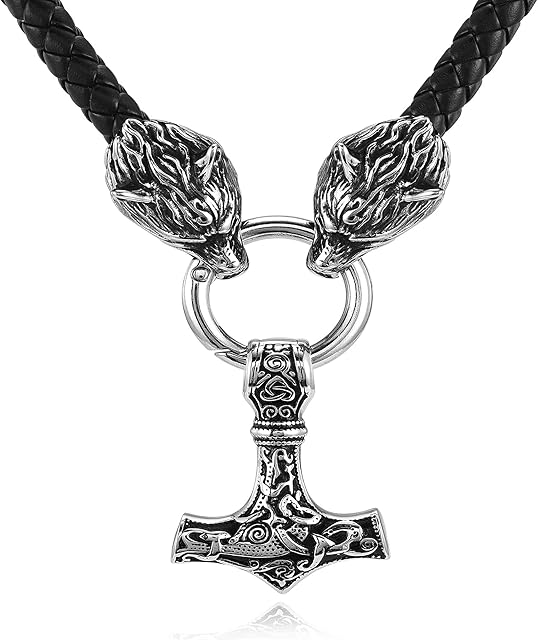 AllerPierce Thor Hammer Pendant Necklace Stainless Steel Wolf Head Norse Viking Amulet Mjolnir Necklace for Men Viking King Chain