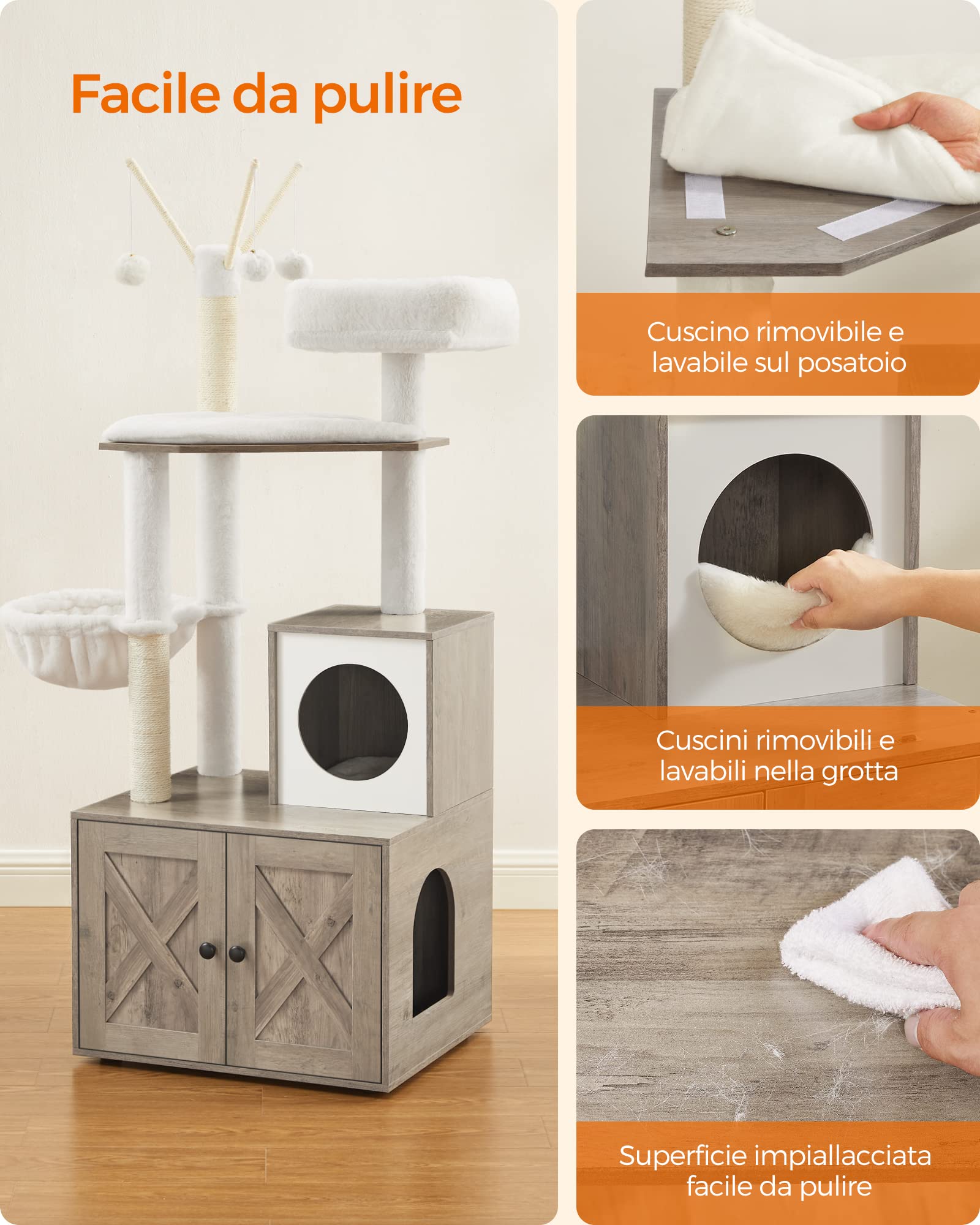 Feandrea Torre Moderna para Gatos 2 en 1, condominio para Gatos con Postes rascadores, Pompones extraíbles, Cojines Lavables, Color Gris PCT113G01