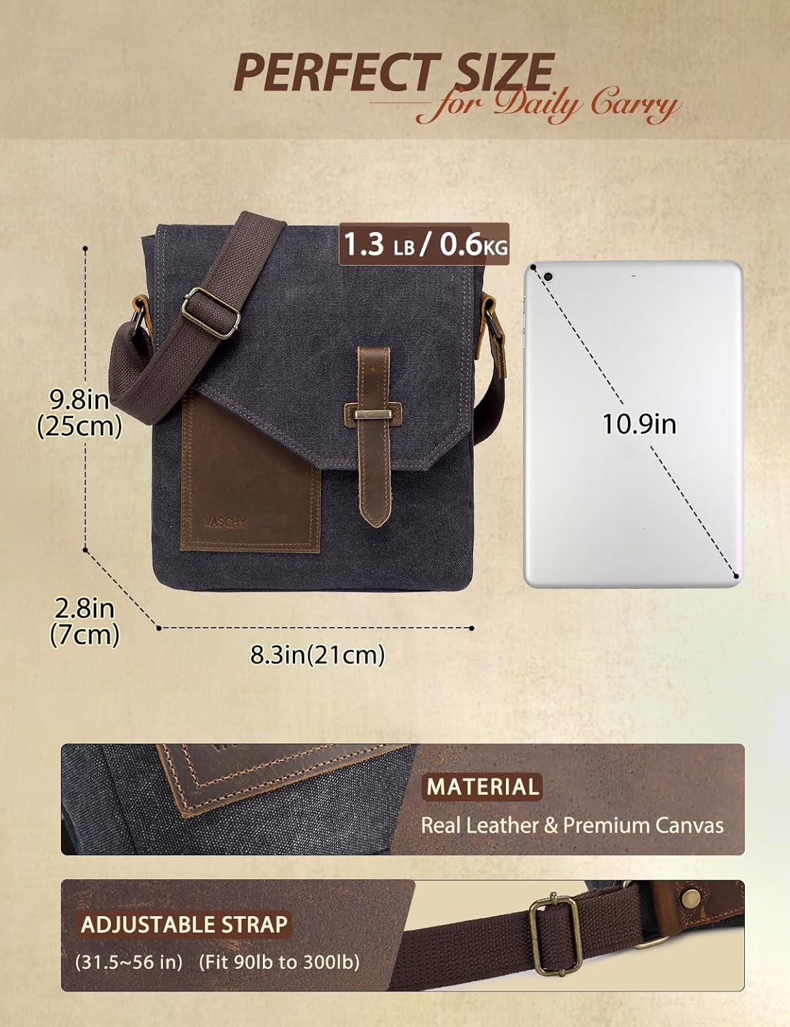 VASCHY Small Messenger Bag, Vintage Canvas Leather Lightweight Crossbody Bag