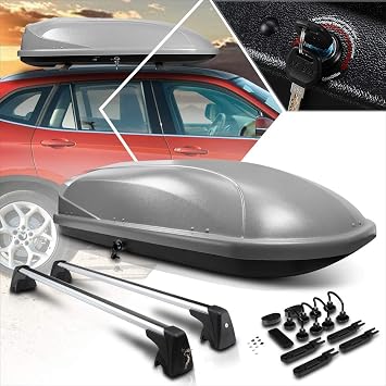 Aluminum Roof Rack Cross Bars Rails + Grey Rooftop Cargo Carrier Box w/Keys Compatible with 09-15 BMW X1