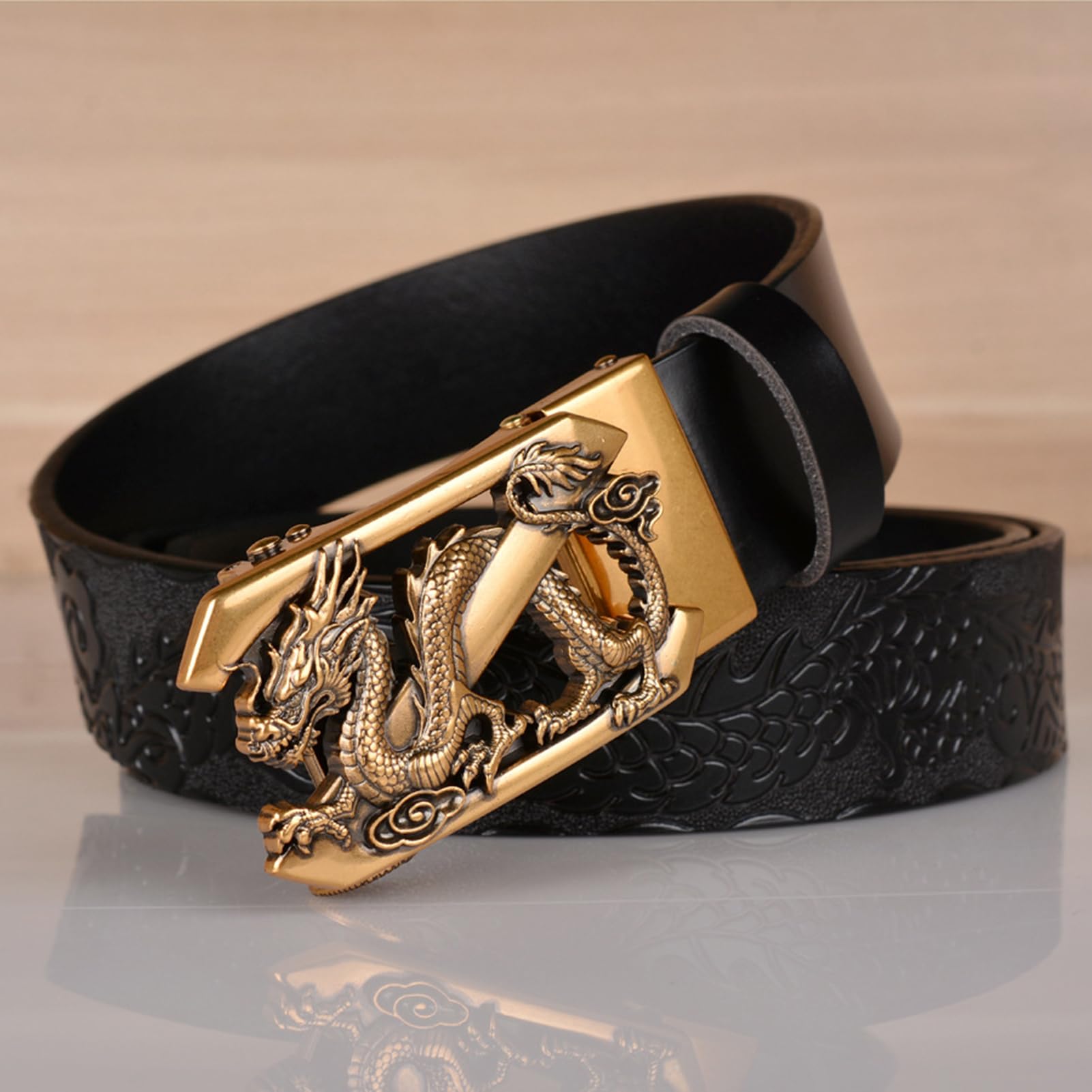 Cinturón De Cuero Con Trinquete Deslizante, Dragón Grabado En Relieve, Hebilla Automática Ajustable, Estilo Informal Neutro, Cintura 110 Cm/37", Negro