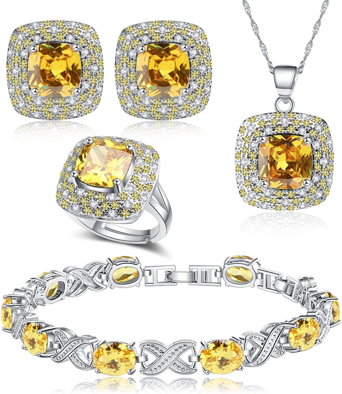 Jewelry Set for Women,Cubic Zirconia Tennis Necklace Ring Clips Earring Bracelet set,Wedding Birthday Anniversary Engagement Gift For Wife Girlfriend Best Friend Bridal