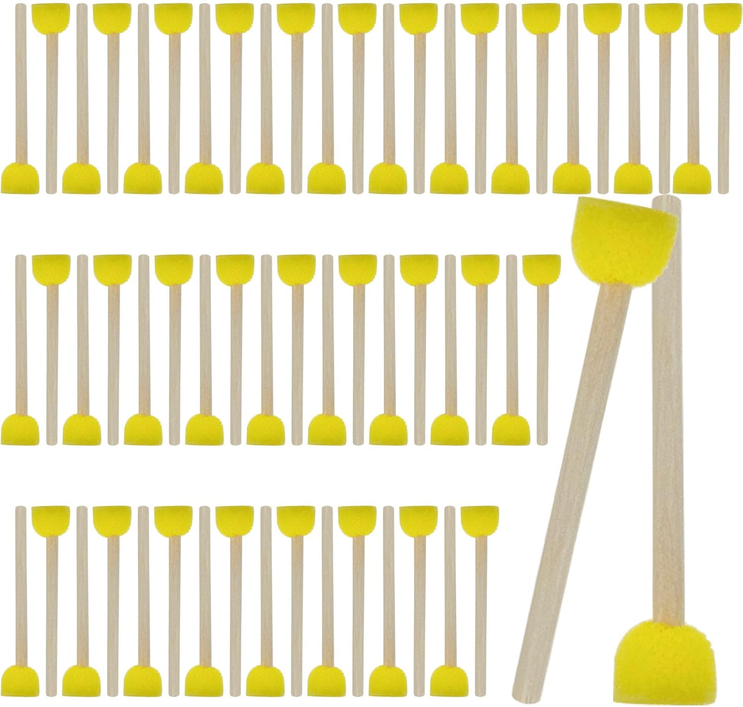 60PCS Yellow Round Sponges Brush Set Wooden Handle Round Foam Brushes Set Paint Sponge Brush (0.59Inch)