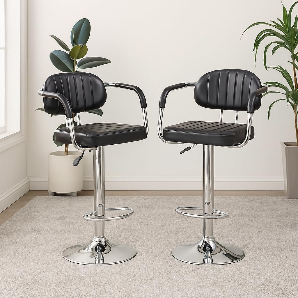 Nityam Height Adjustable Bar Stool Chair with Arms for Home Office Kitchen Counter Shop Bar Restaurant Cafe with Footrest, Black Leather, 360° Swivel, Soft & Comfort Seat, (Color-Black, Set of 2)-image-13